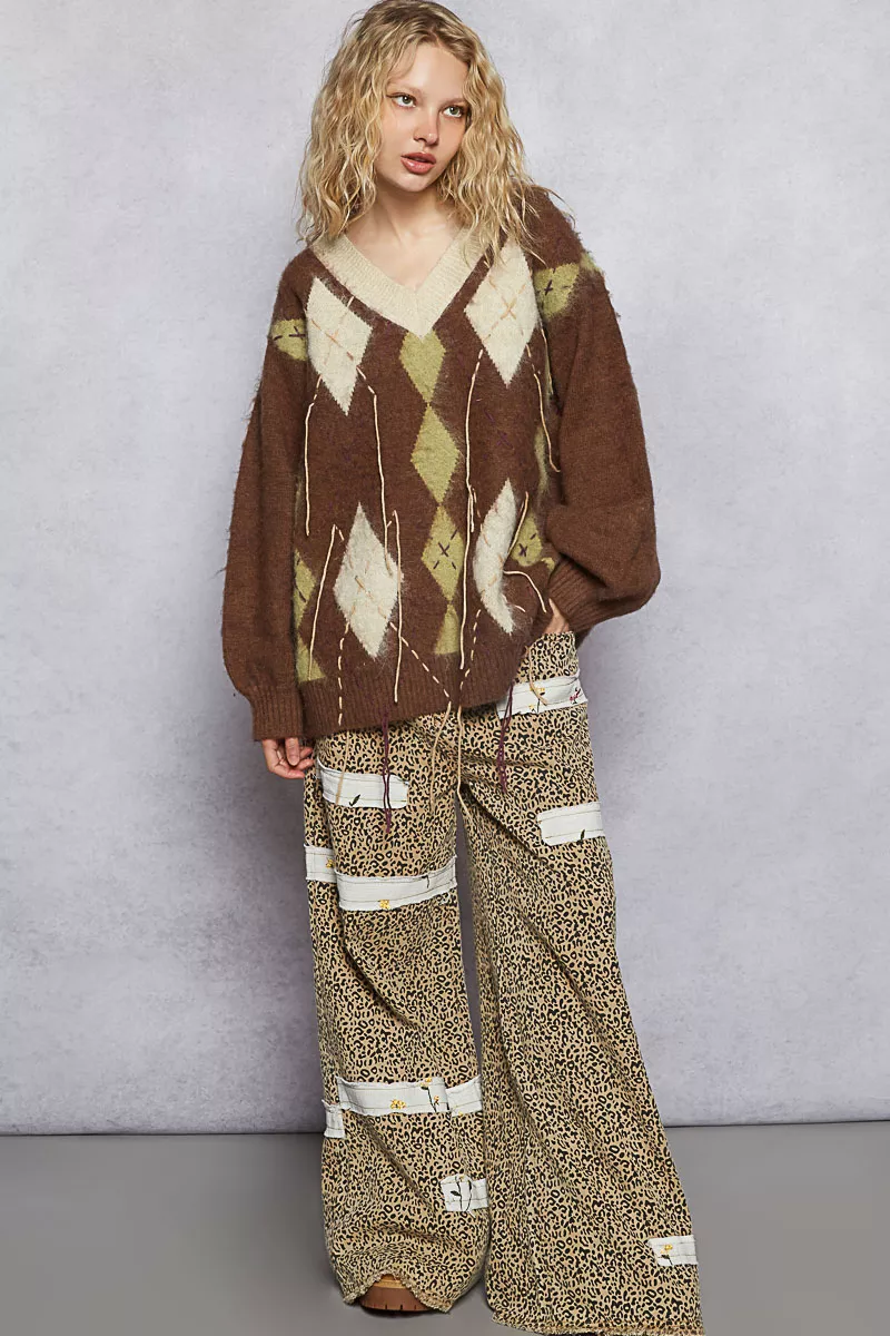V-Neck Argyle Pattern Mohair Sweater with Contrast Exposed Stitch Detail, image 12