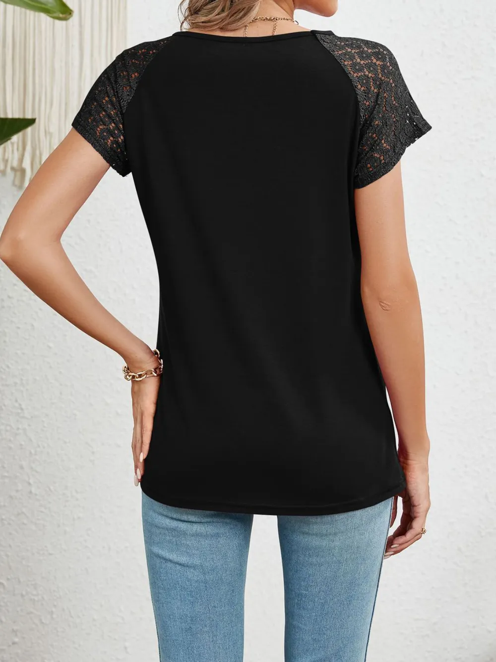 Round Neck Lace Short Sleeve Top, image 5