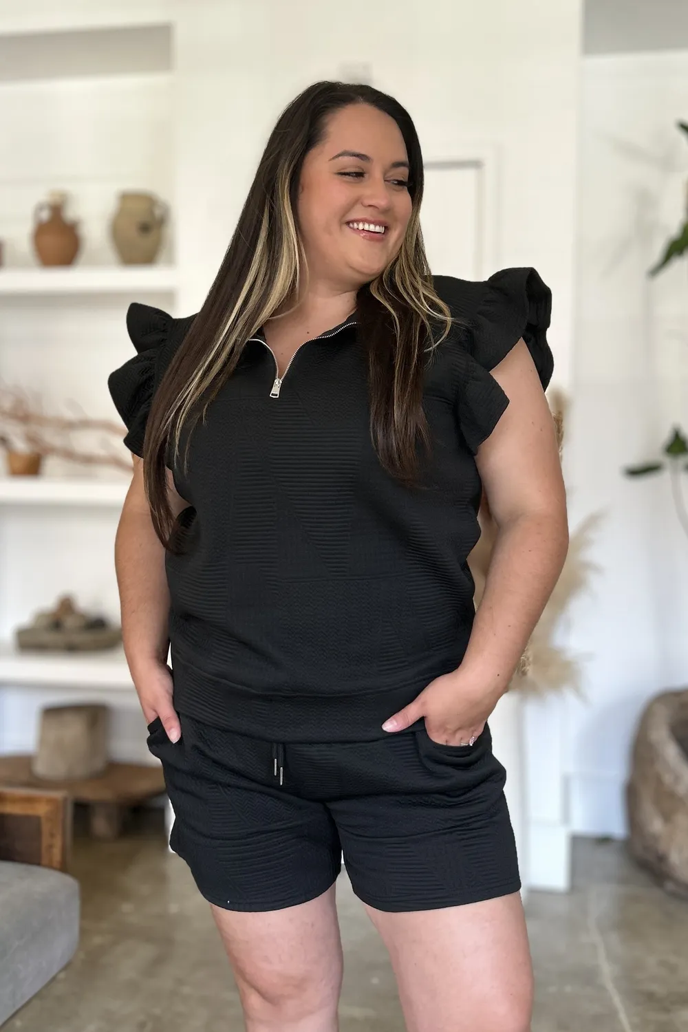 Full Size Texture Flounce Sleeve Top and Shorts Set, image 27