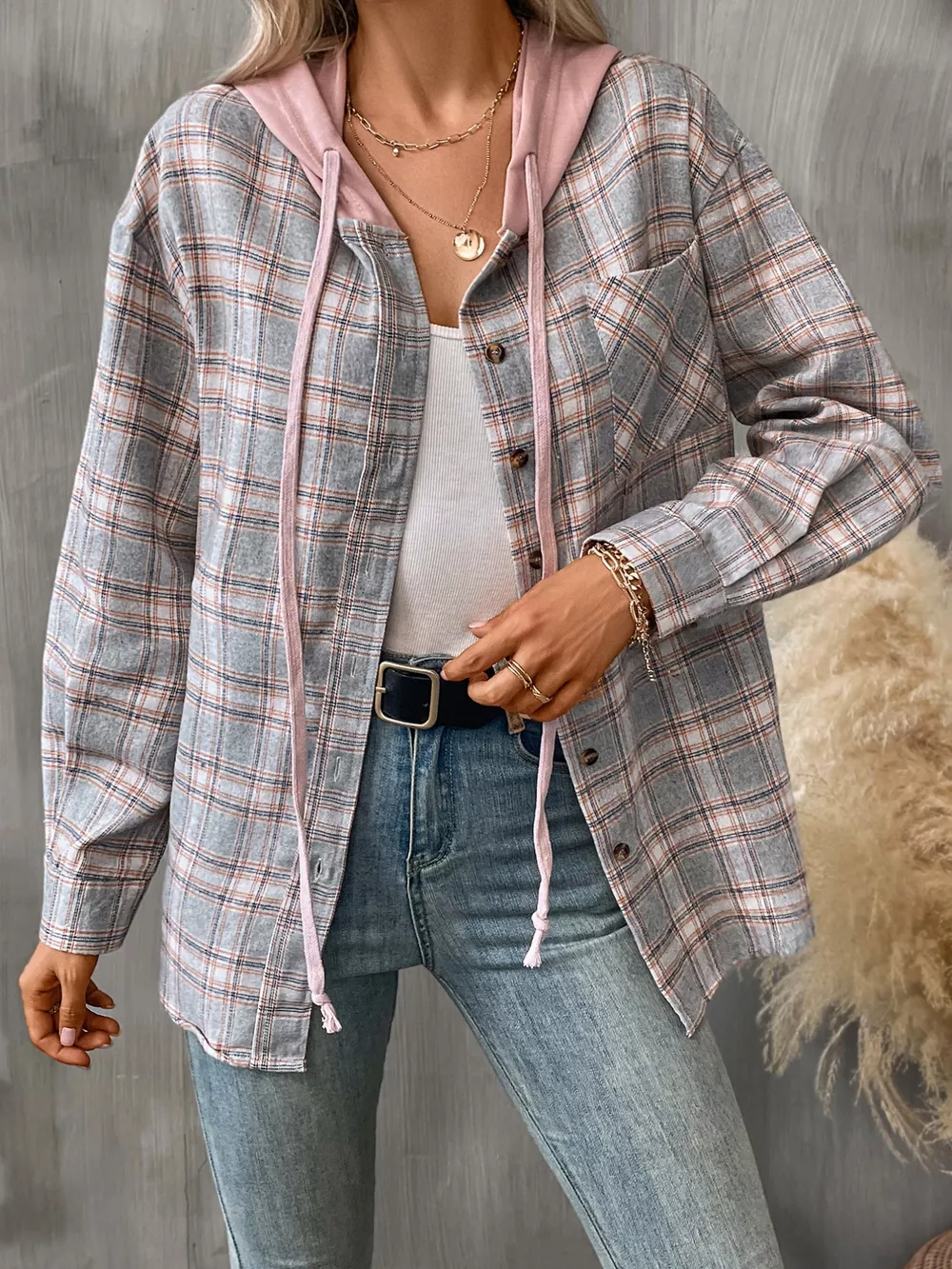 Plaid Button-Up Hooded Shirt with Chest Pocket, image 25