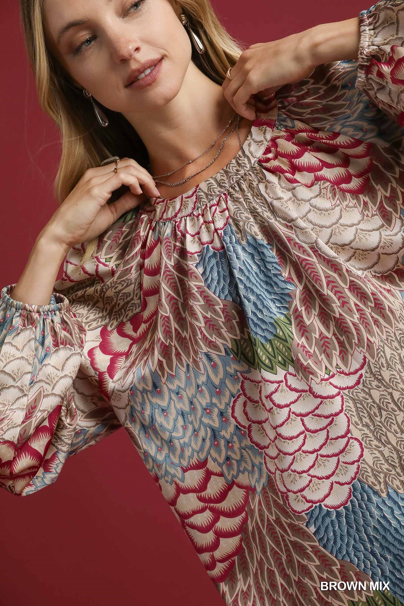Boho Feather Print Peasant Blouse, image 6