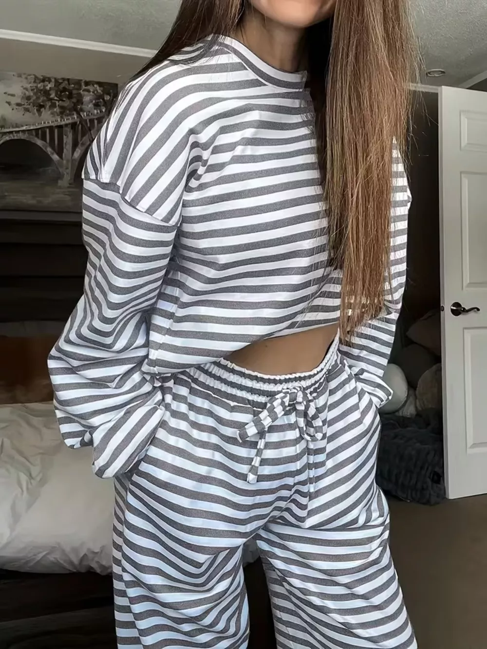 Striped Round Neck Top and Pants Set, image 13