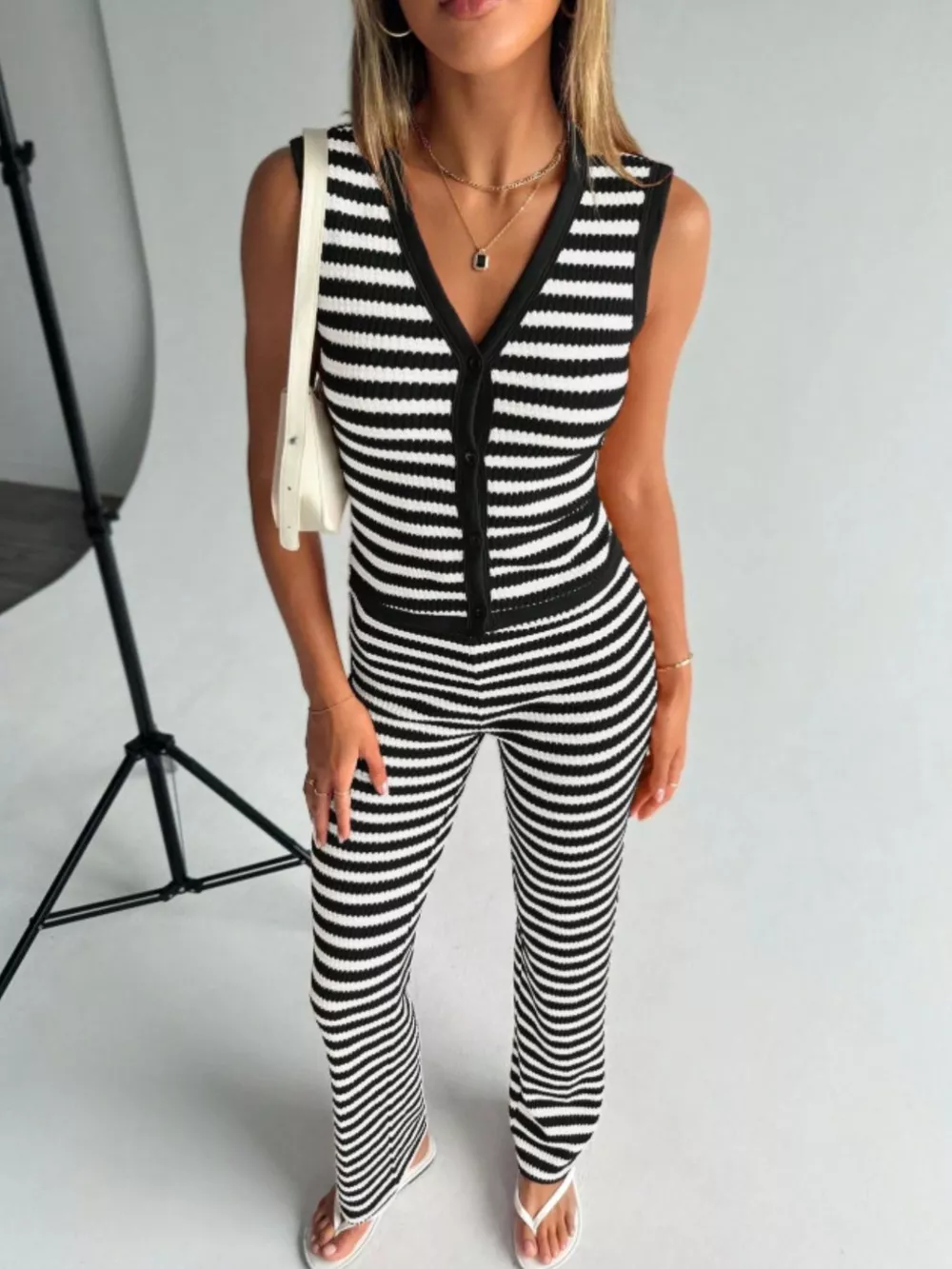 Striped Knit V-Neck Button-Up Sleeveless Top and Flare Pants Set, image 15