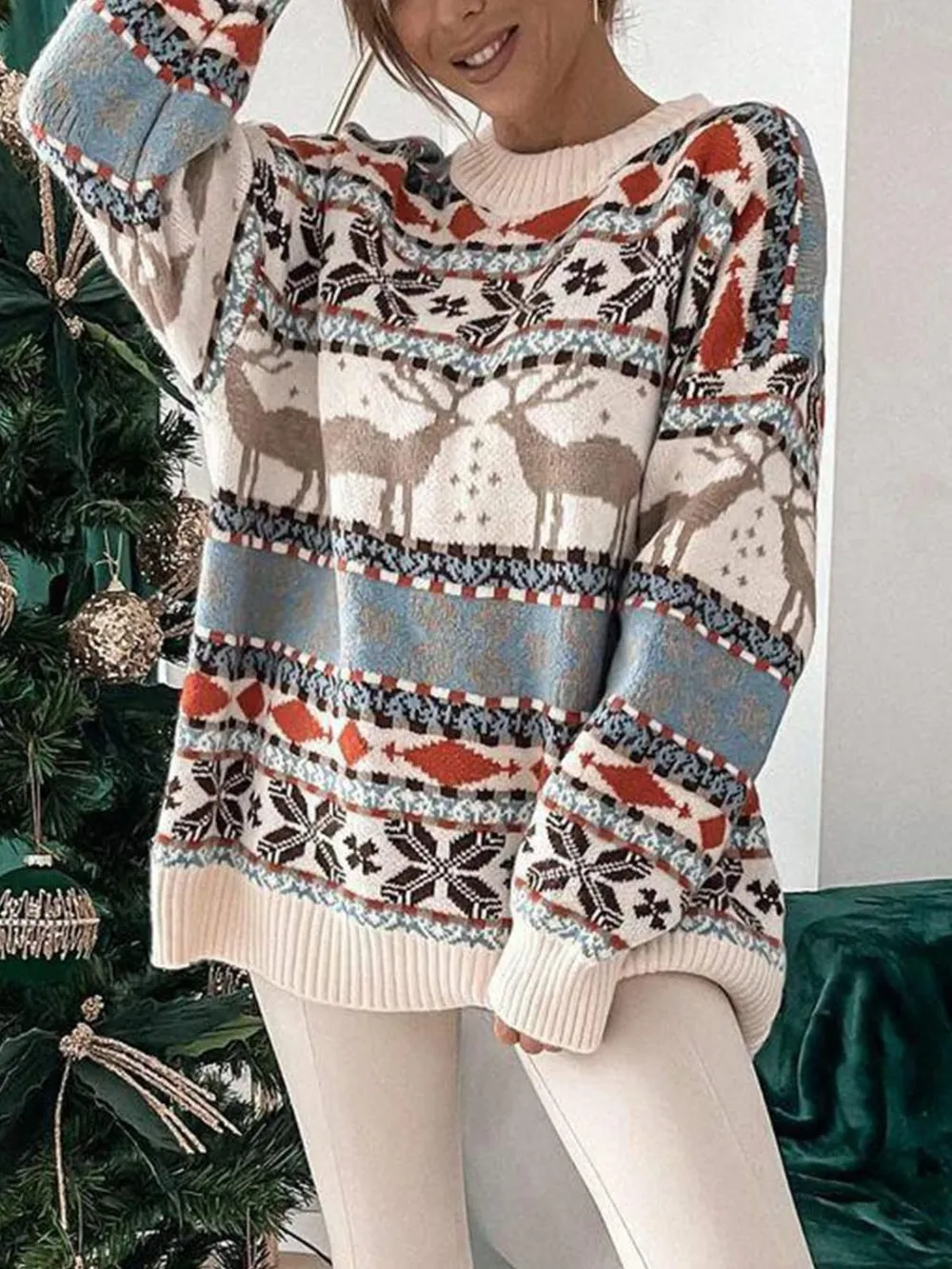 Geometric Round Neck Dropped Shoulder Sweater, image 2