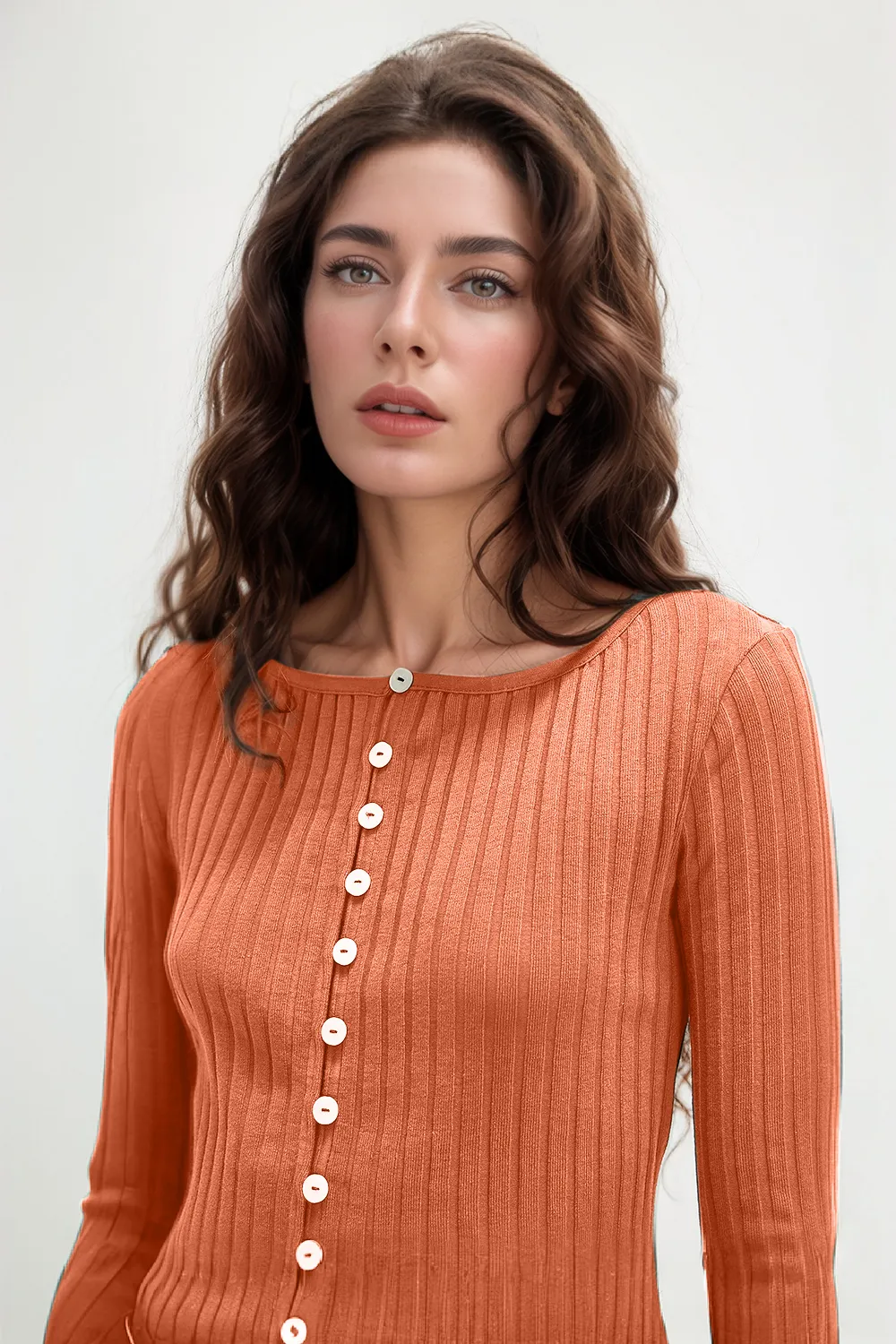 Texture Button Up Round Neck Long Sleeve Top, image 6