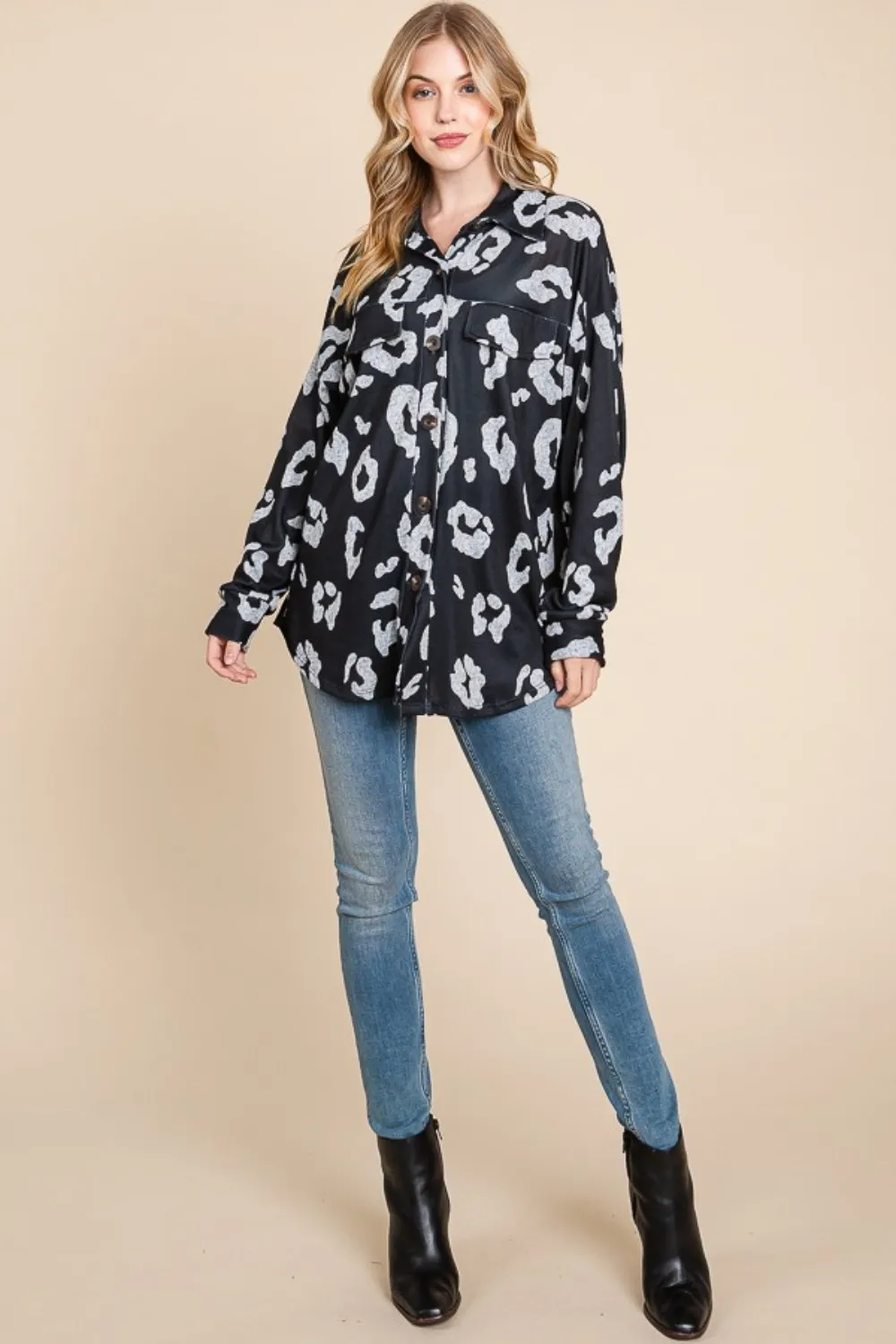 Animal Print Button Up Knit Shacket, image 5