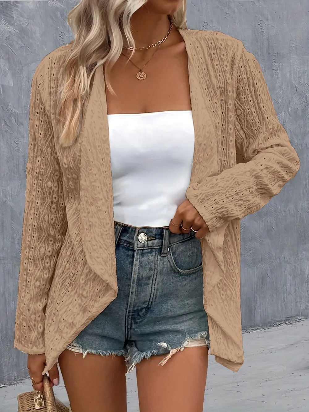 Eyelet Roll-Tab Sleeve Cardigan, image 16