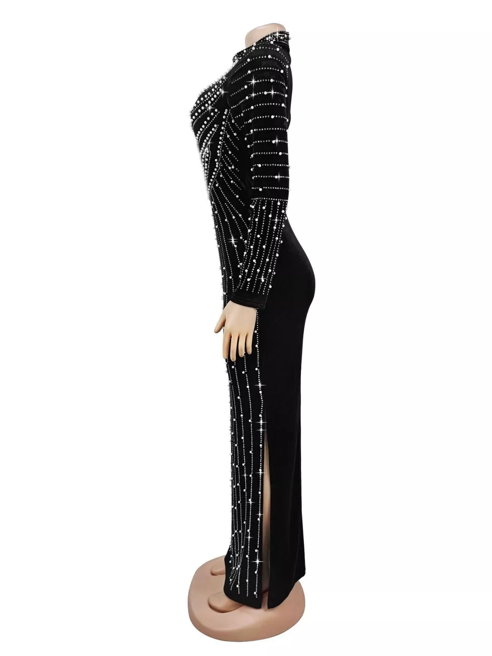 Rhinestone Embellished Mock Neck Long Sleeve Maxi Dress, image 3