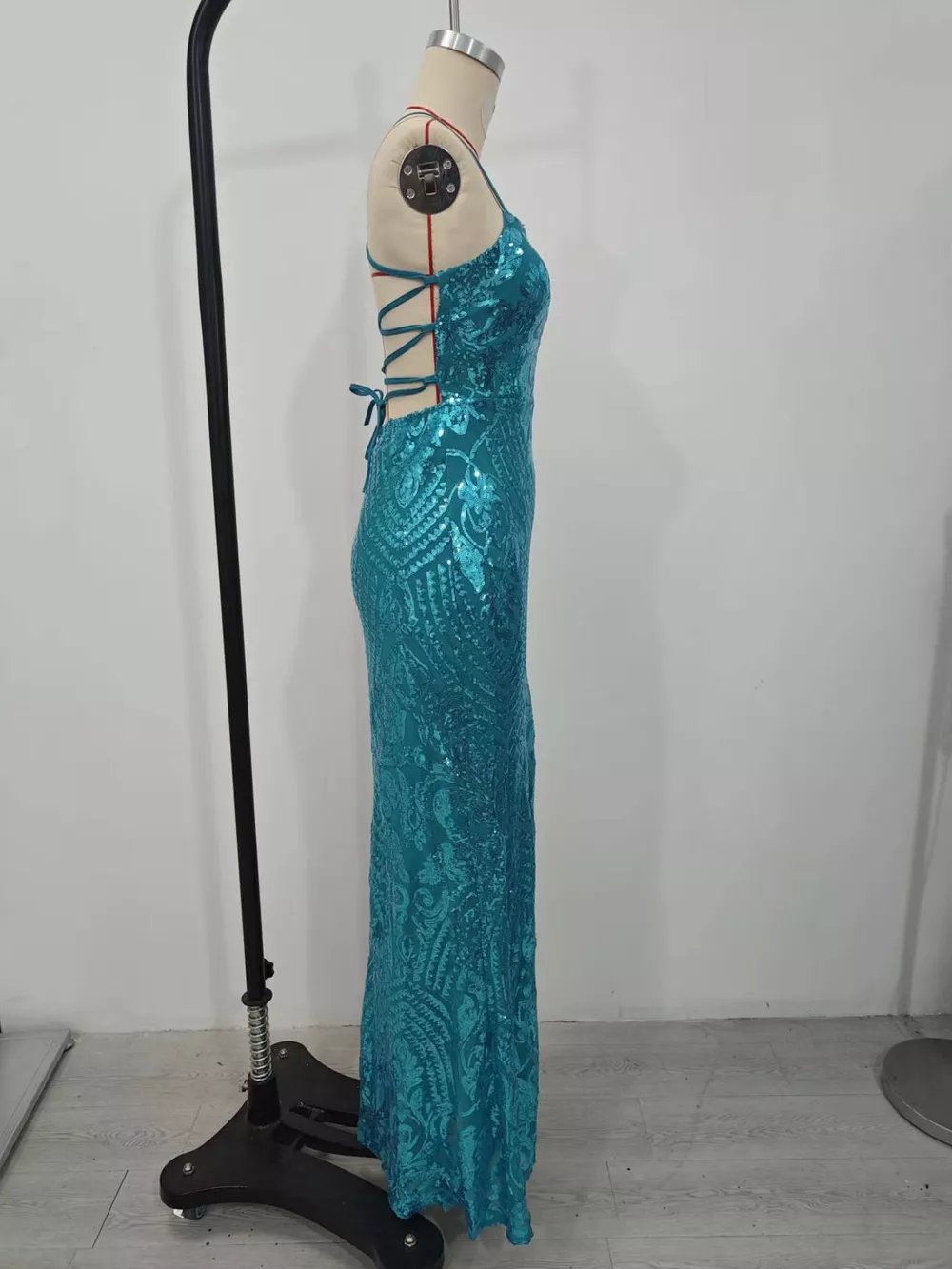 Sequin Embellished Bodycon Backless Evening Dress with Back Lace-Up, image 8