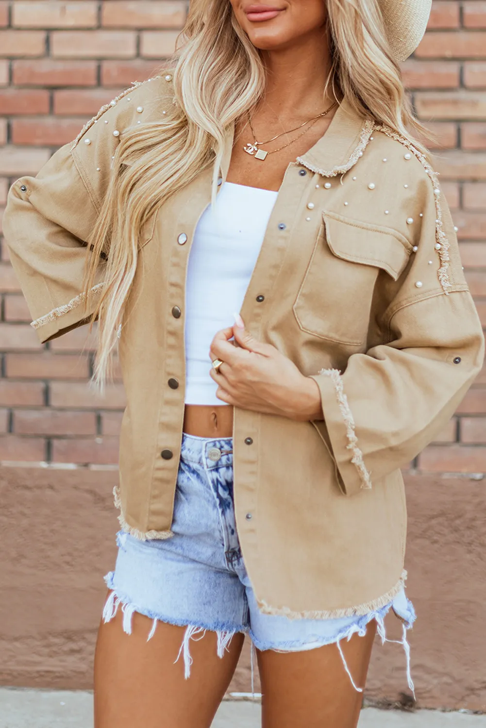 Raw Hem Pearl Trim Dropped Shoulder Denim Jacket, image 6