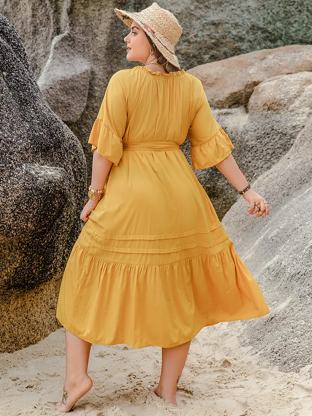 Plus Size Notched Tie Waist Half Sleeve Midi Dress, image 3
