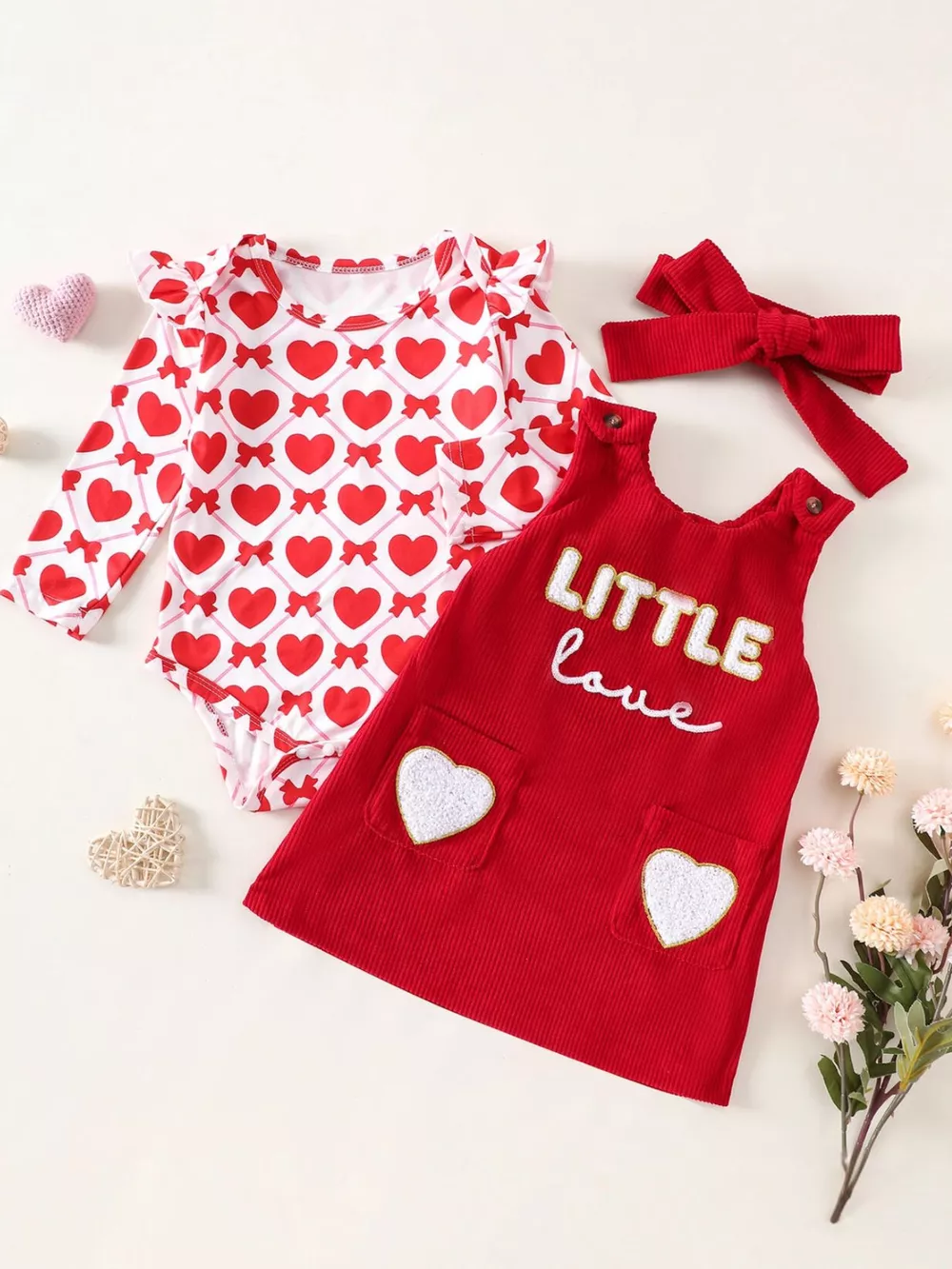 Children's Heart Print Bodysuit and Dress Outfit Set with Headband, image 2