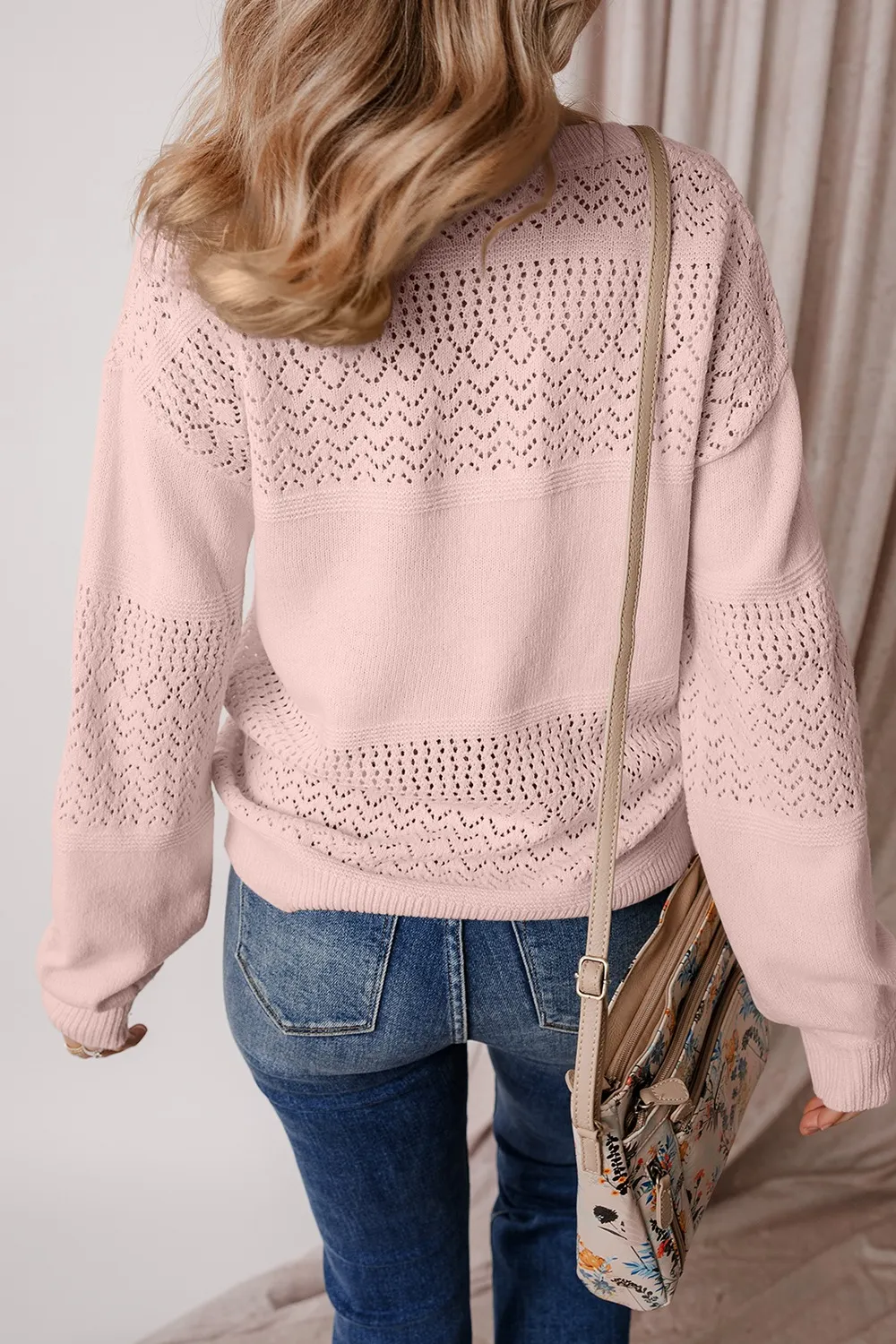 Openwork V-Neck Long Sleeve Sweater, image 13