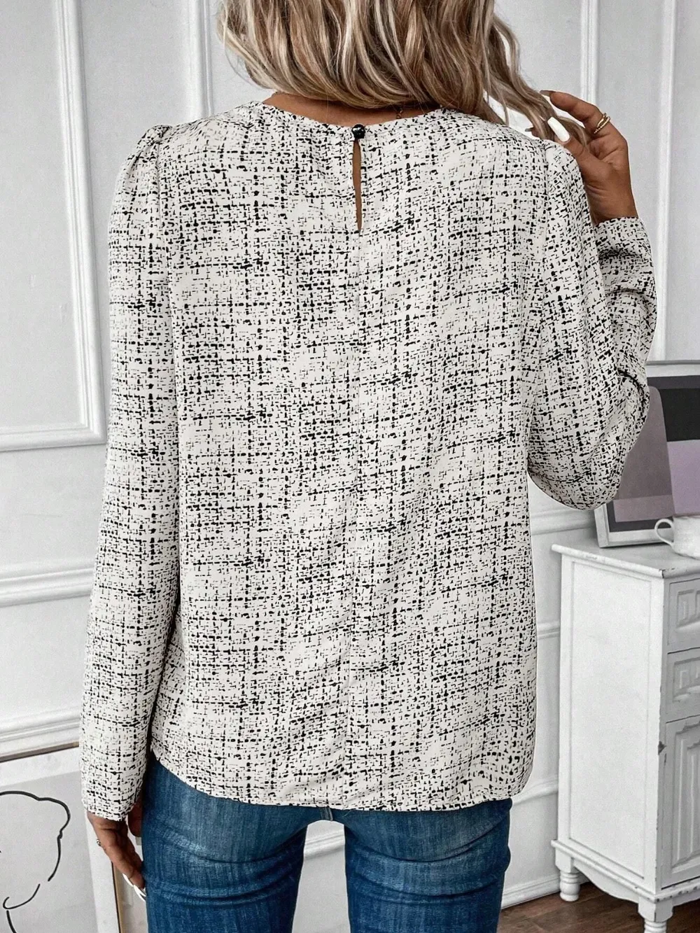 Ruched Round Neck Long Sleeve Blouse, image 3