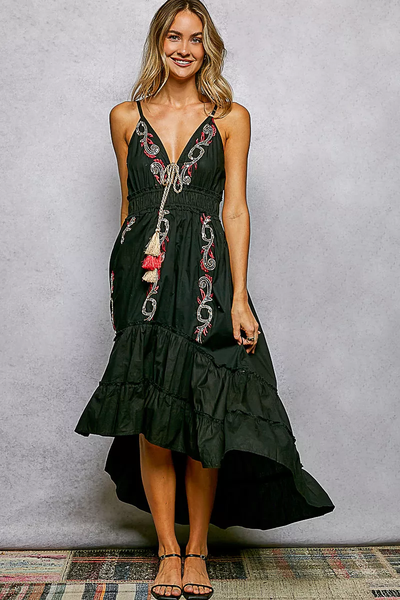 Embroidered Detail Tassel Tie Smocked Waist Midi Tiered Cami Dress