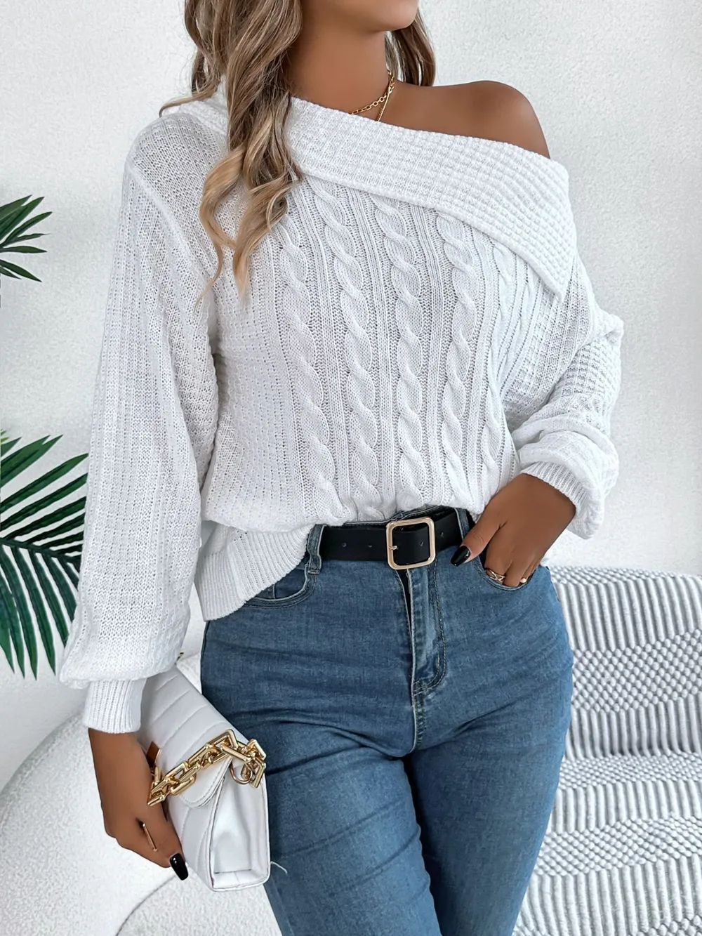 Cable-Knit One Shoulder Long Sleeve Sweater, image 16