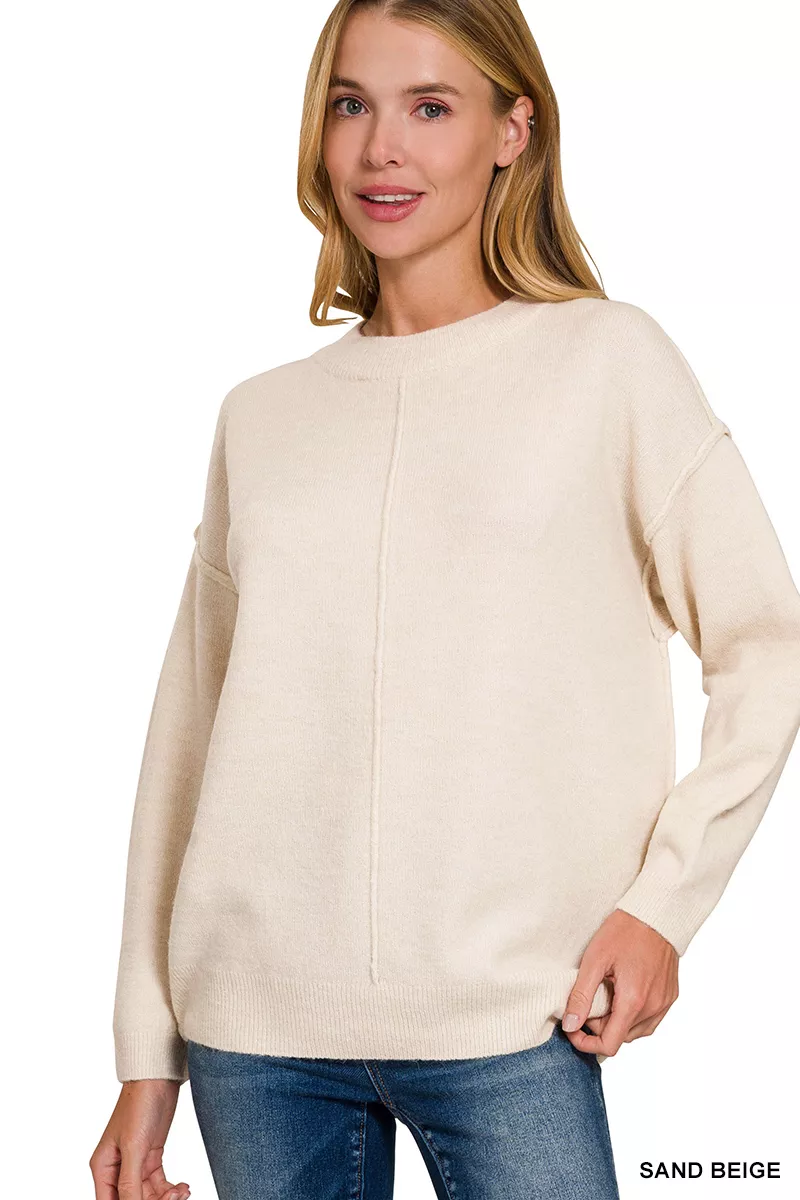 Melange Front Seam Round-Neck Sweater