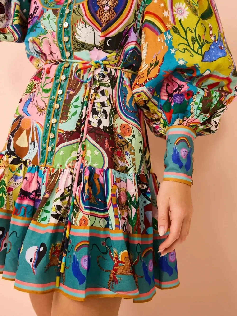 Printed Long Sleeve Mini Dress with Belt, image 5