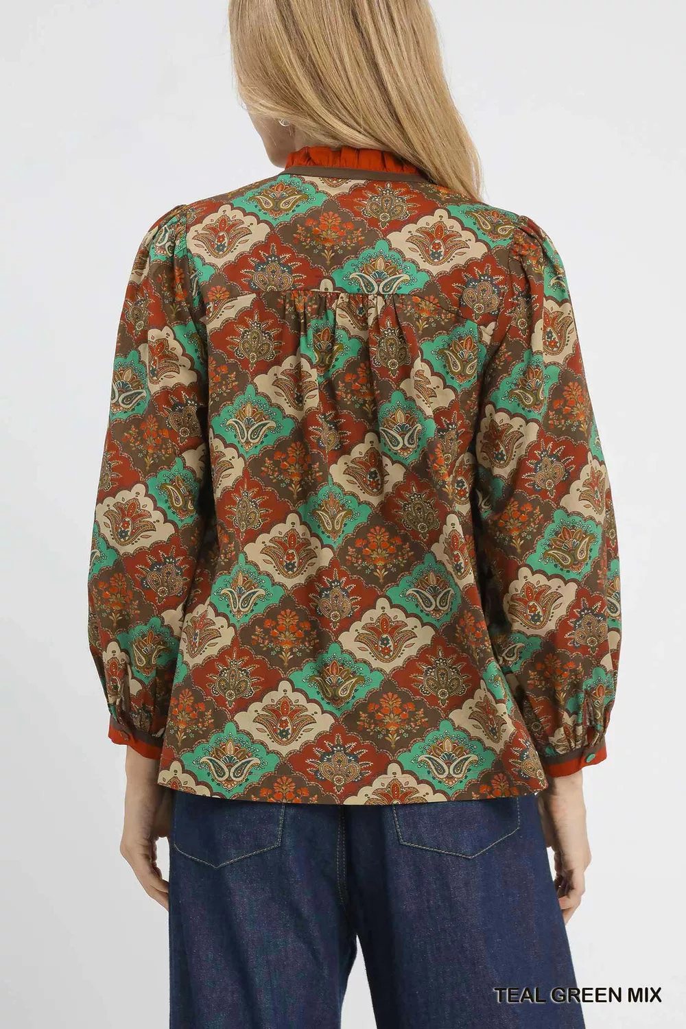 Abstract Print Ruffle Neck Top, image 5