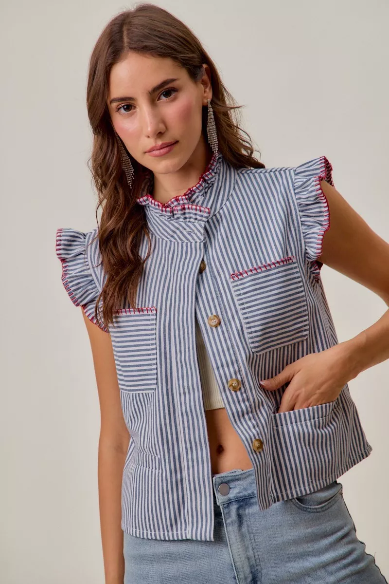 Stripe Twill Stitch Ruffled Hidden Button Vest Top, image 2