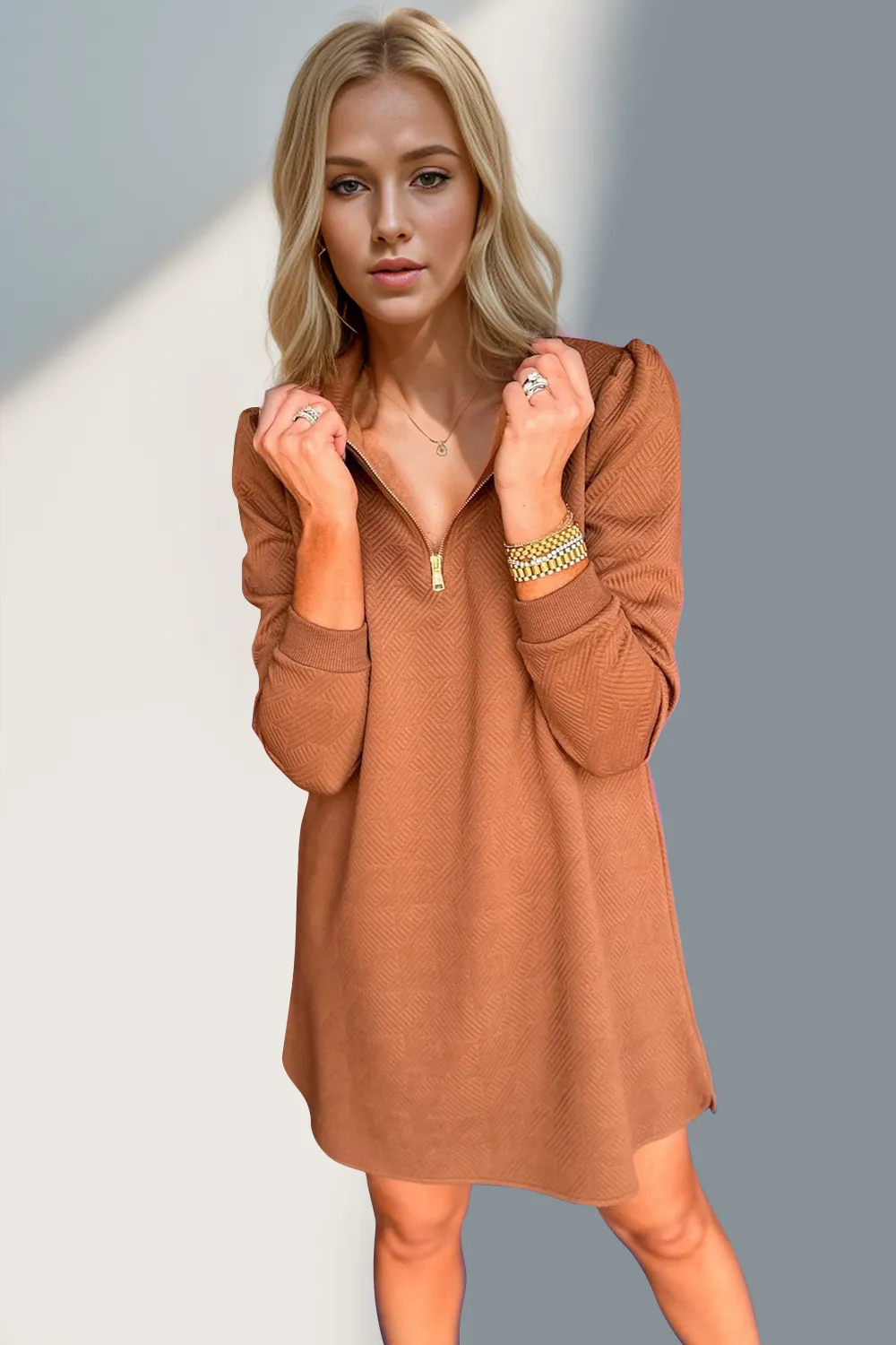 Textured Quarter Zip Long Sleeve Dress, image 14