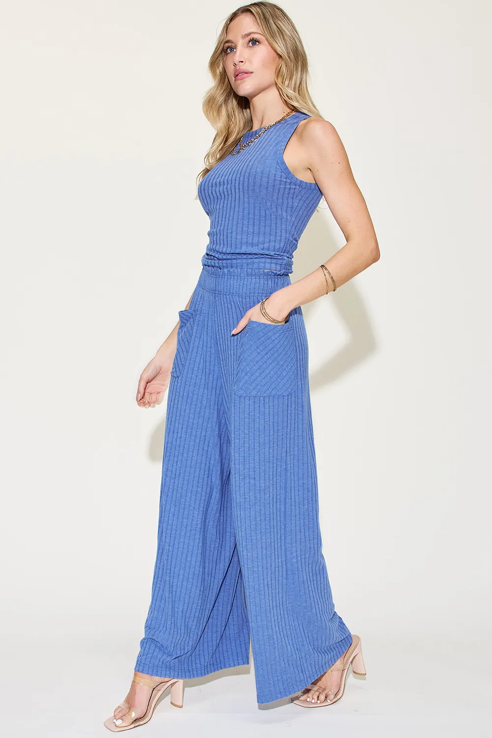 Full Size Ribbed Tank and Wide Leg Pants Set, image 21