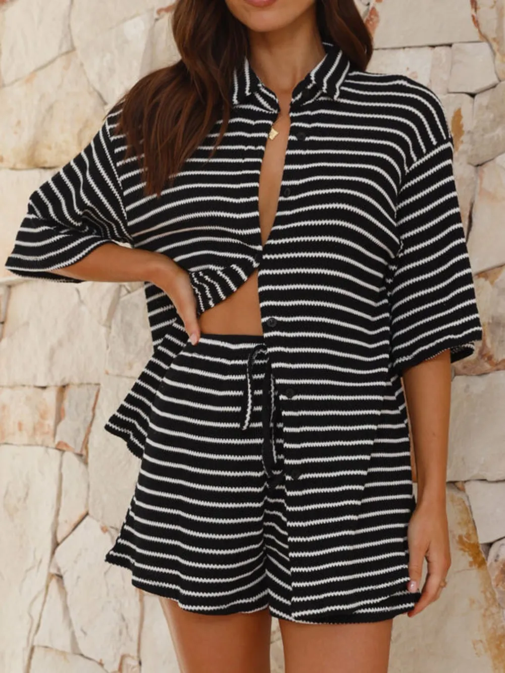 Striped Half Sleeve Top and Shorts Set, image 19