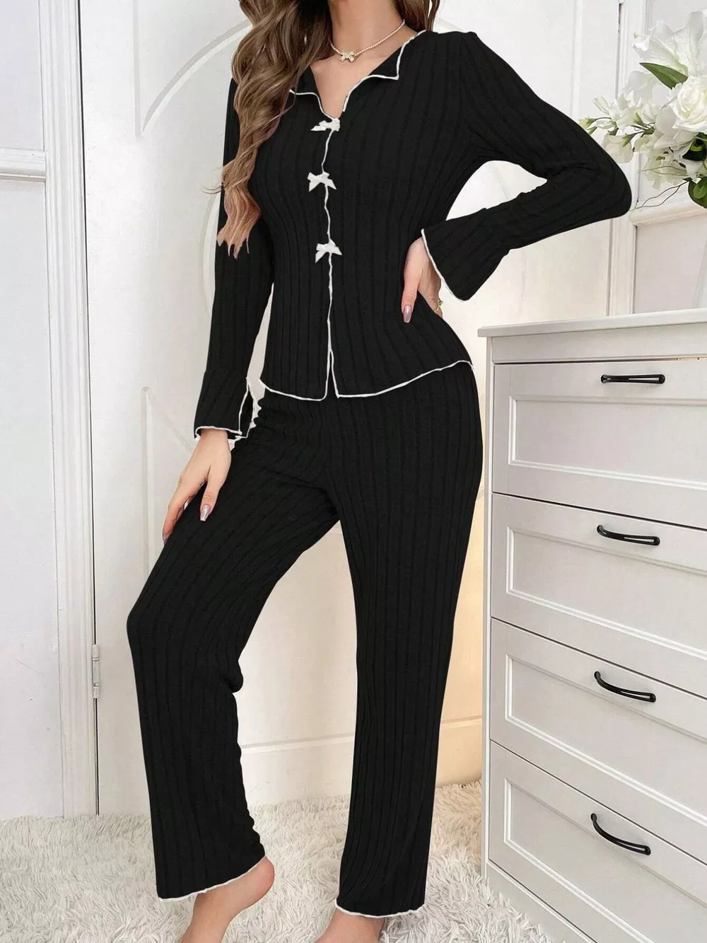 Ribbed Bow Front Top and Pants Lounge Set, image 9
