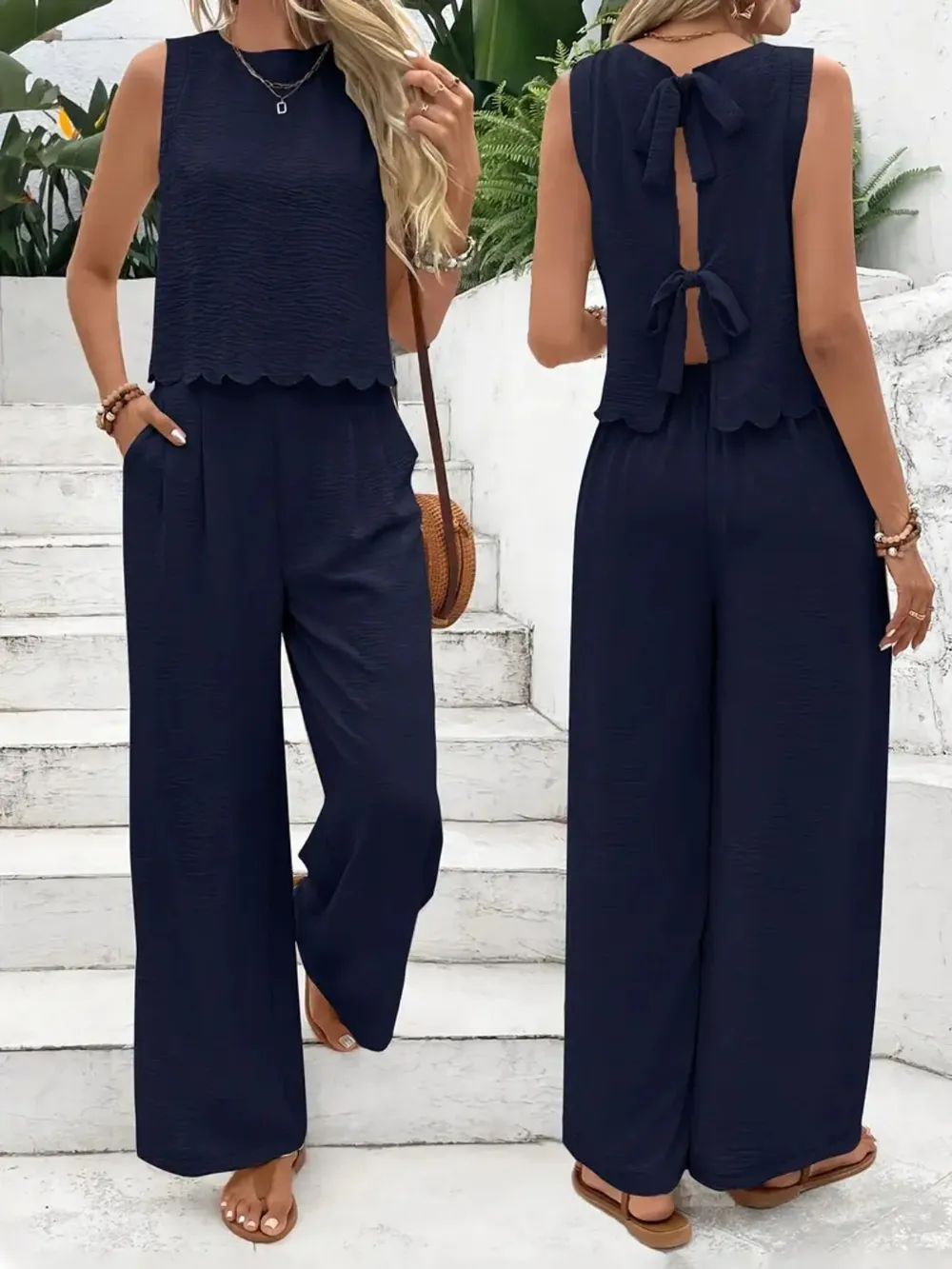 Tie Back Round Neck Top and Pants Set, image 6