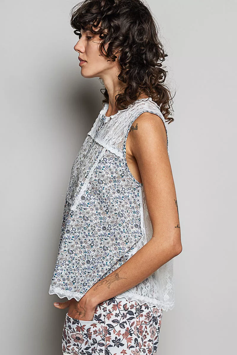 Printed Woven Lace Back Round Neck Sleeveless Top, image 5