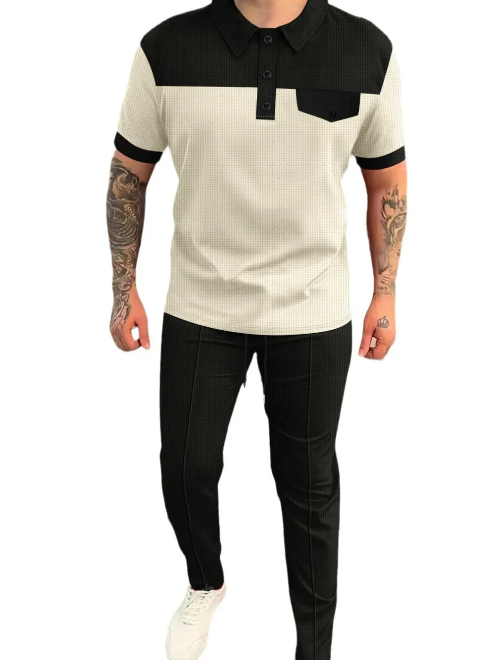 Men‘s Full Size Waffle-Knit Contrast Top and Pants Set Plus Size, image 5
