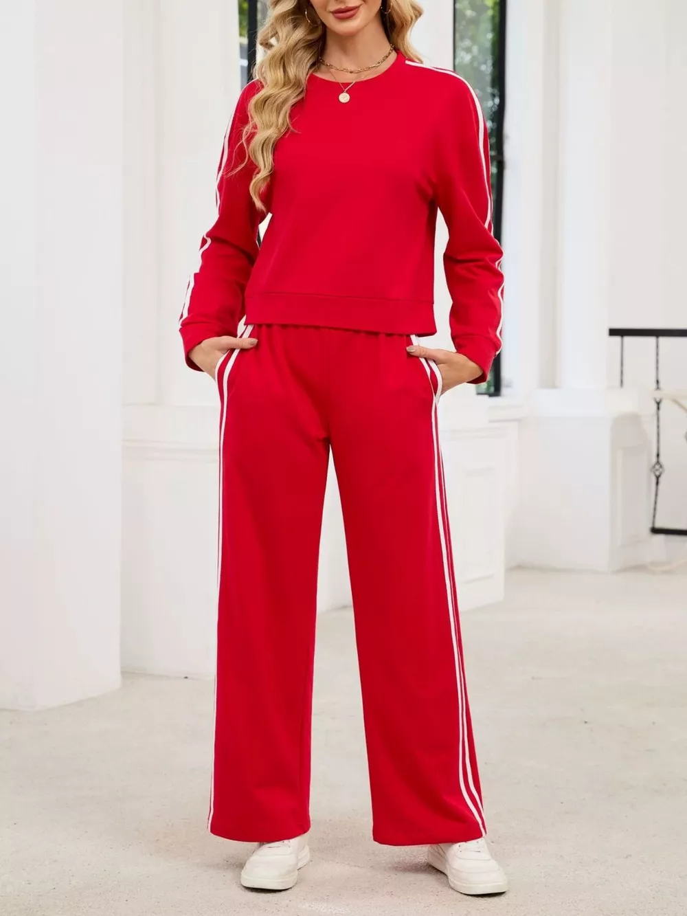 Striped Round Neck Sweatshirt and Pants Set, image 13