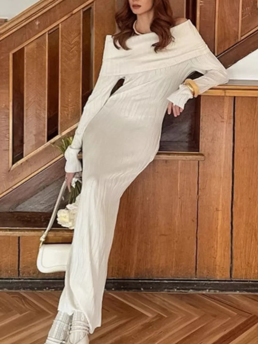 Off-Shoulder Textured Knit Maxi Dress, image 3