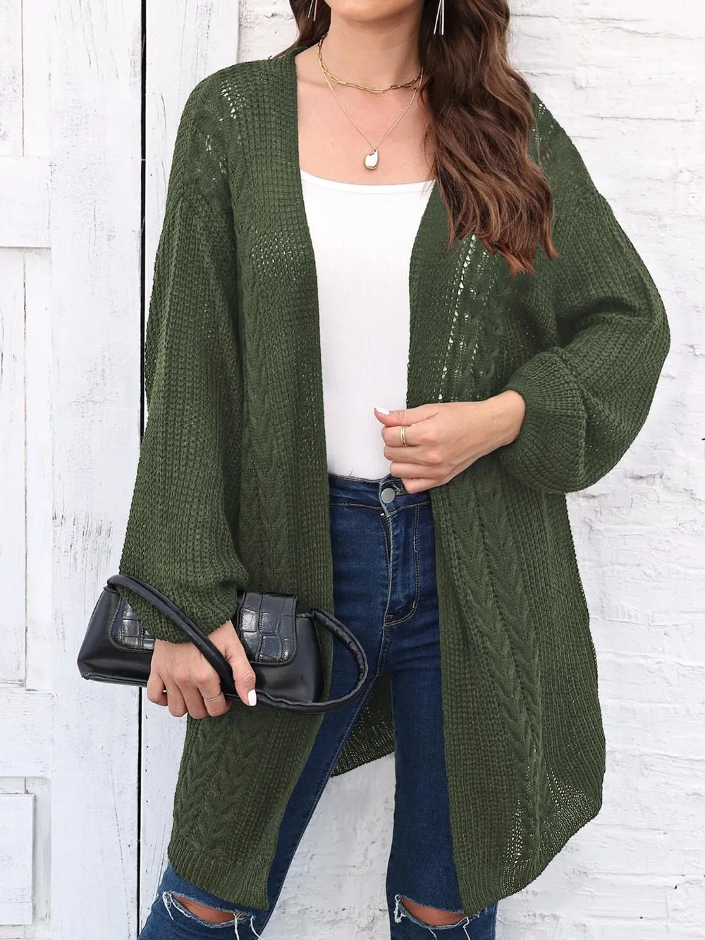 Cable-Knit Open Front Long Sleeve Cardigan, image 15