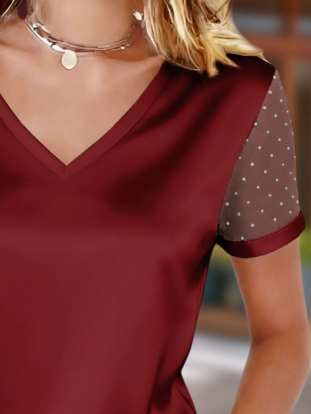 Polka Dot Mesh Sleeve Satin Short Sleeve Top, image 7