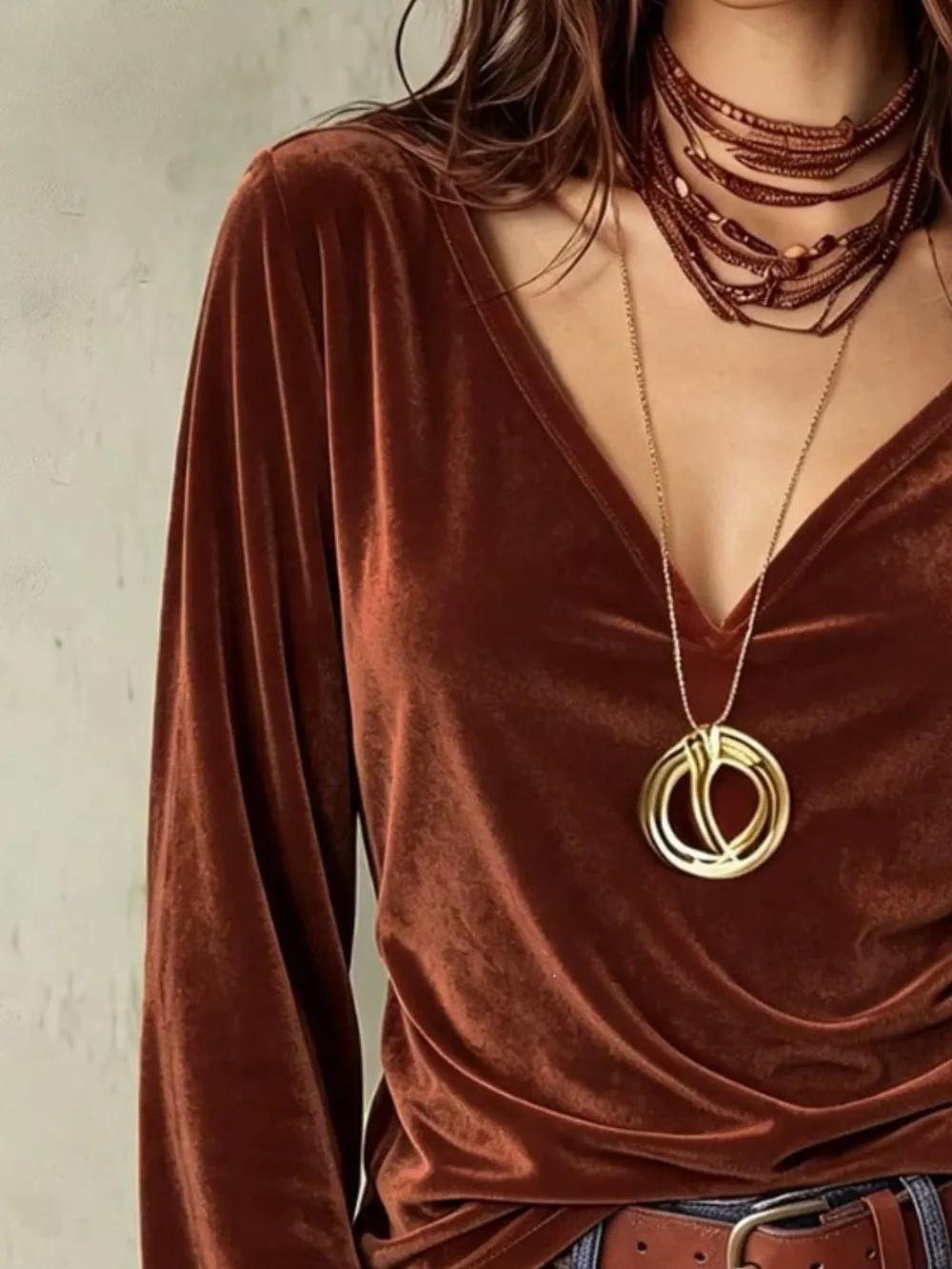 Full Size V-Neck Long Sleeve Velvet Blouse Plus Size, image 9