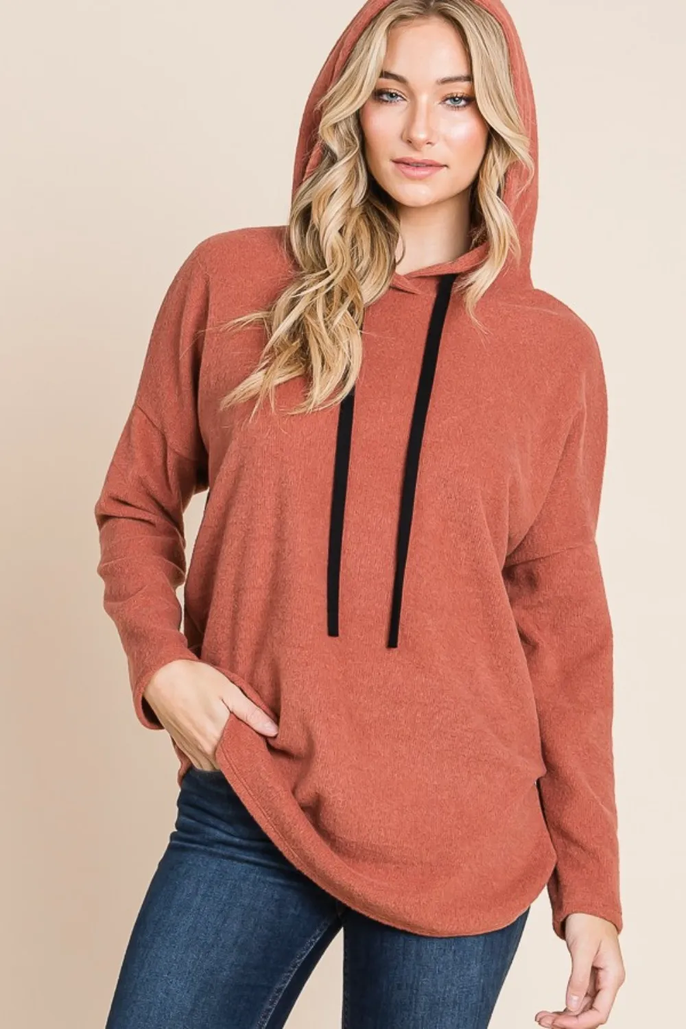 Contrast Drawstring Drop Shoulder Knit Hoodie, image 4