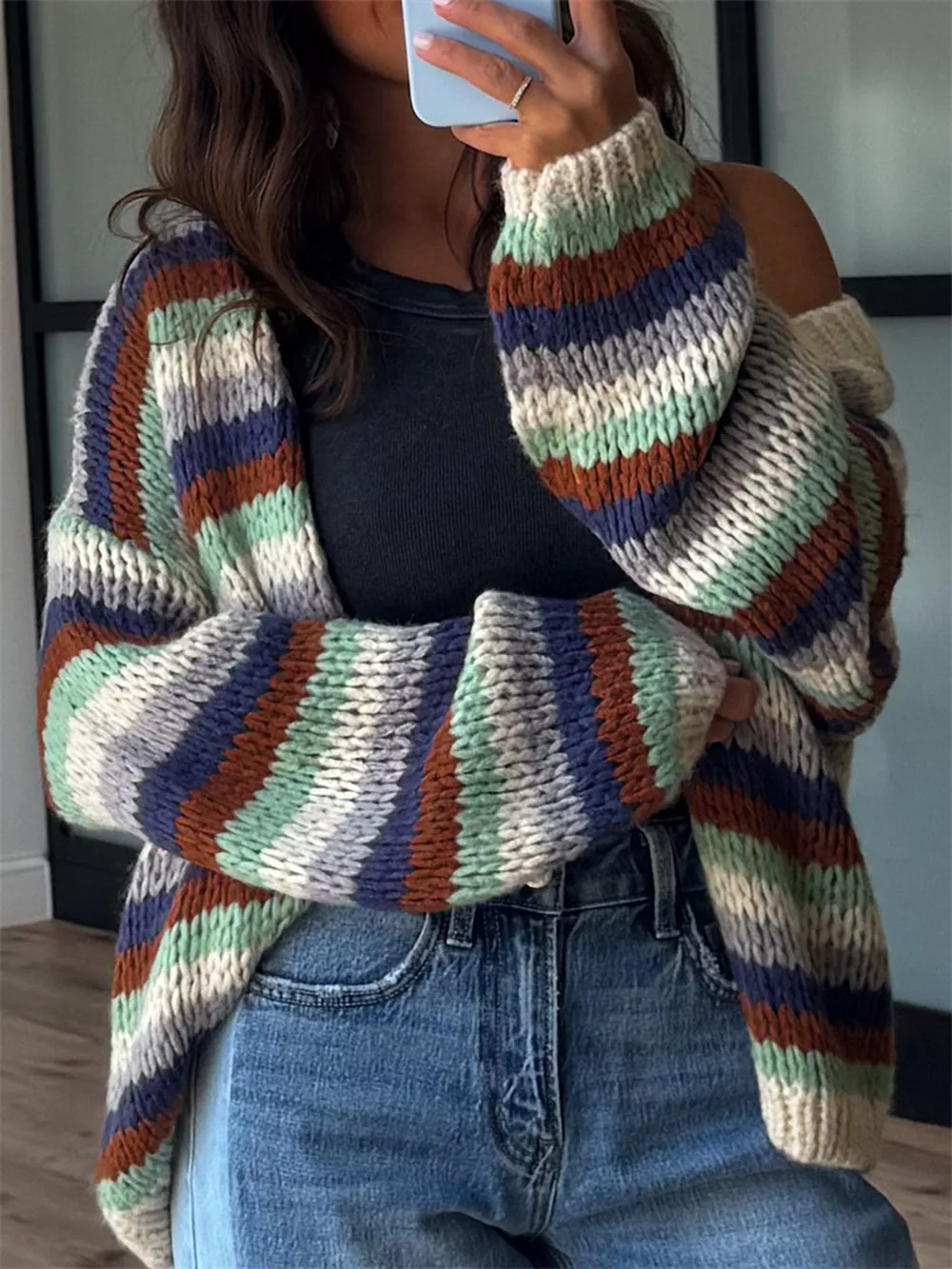Multi-Color Striped Chunky Knit Open-Front Cardigan