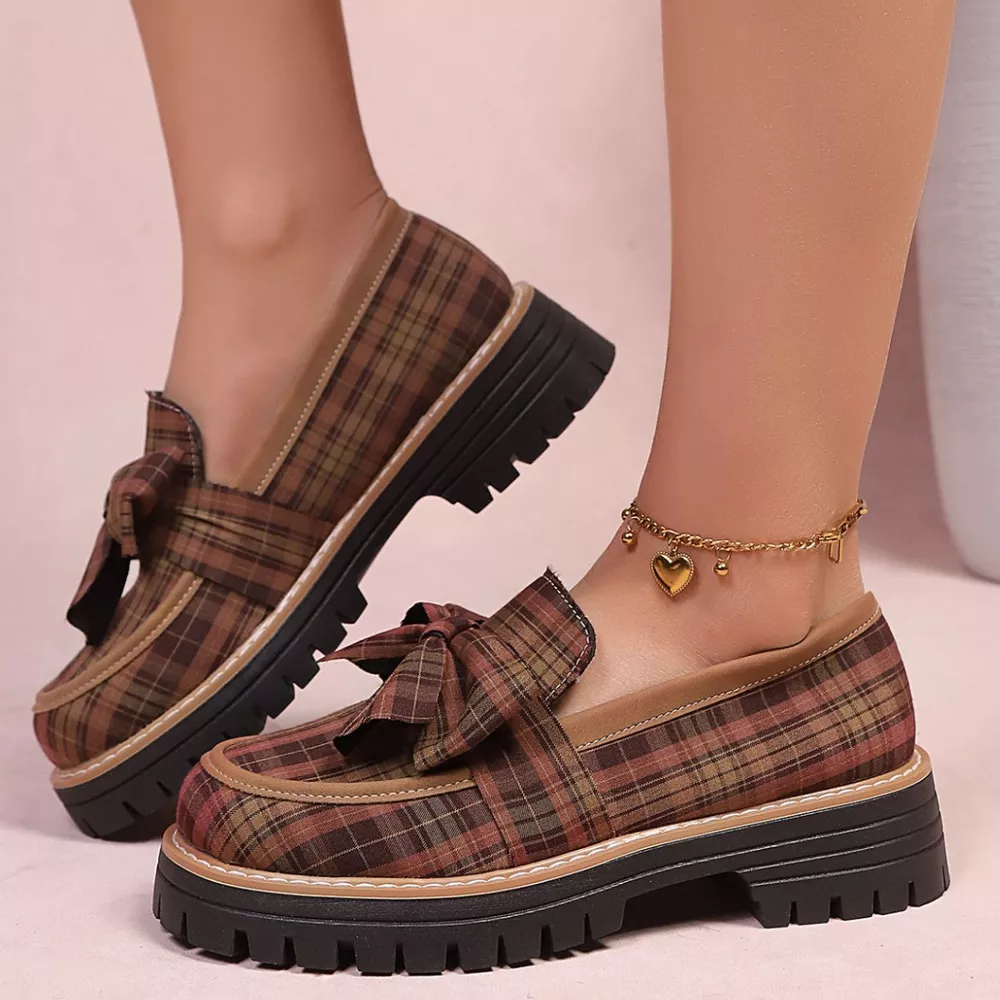 Plaid Bow Decor Chunky Loafers, image 2