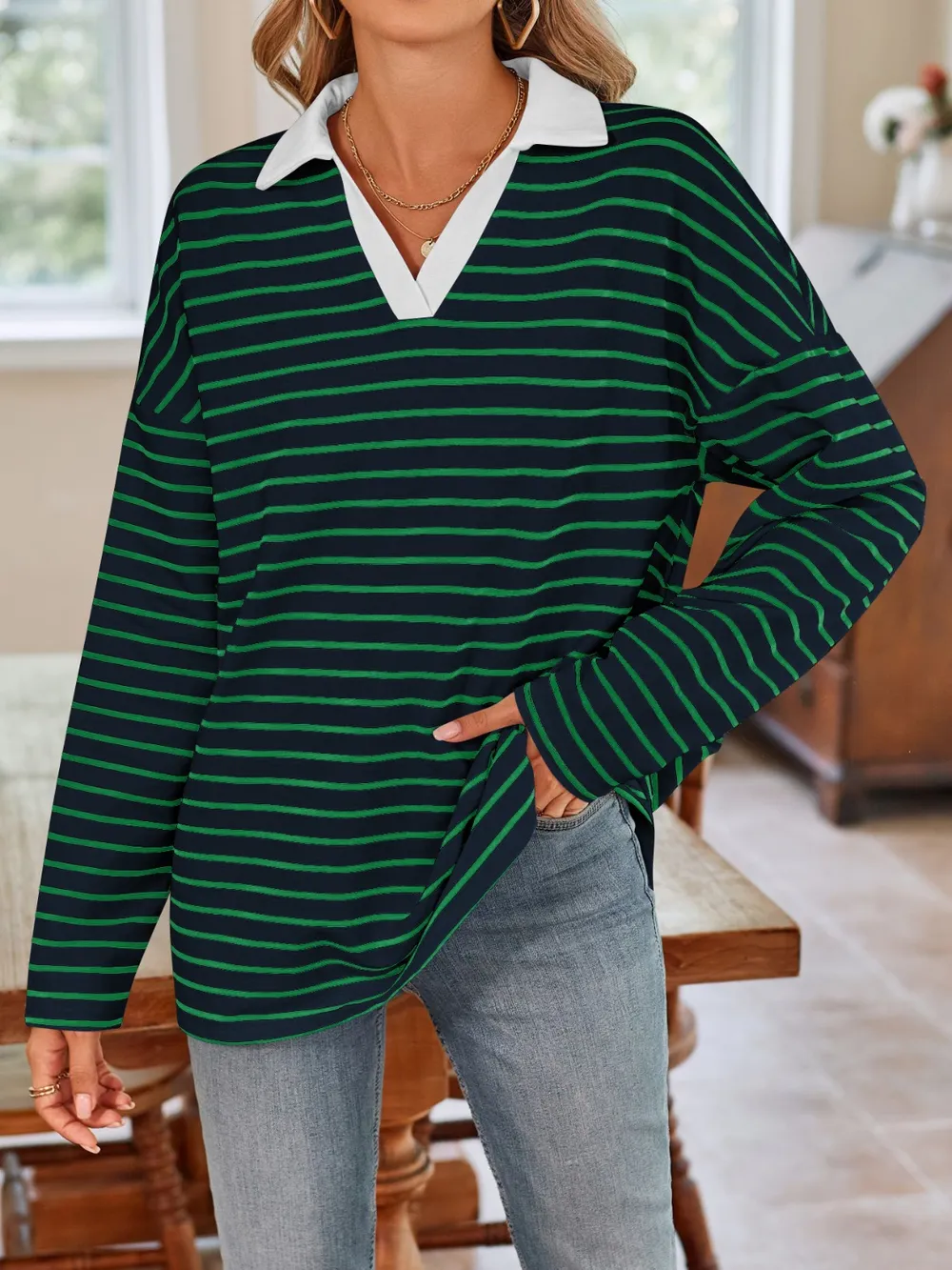 Striped Johnny Collar Long Sleeve T-Shirt, image 17