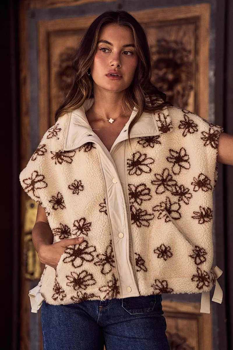 Flower Sherpa Fur Oversized Sleeveless Vest Jacket, image 8