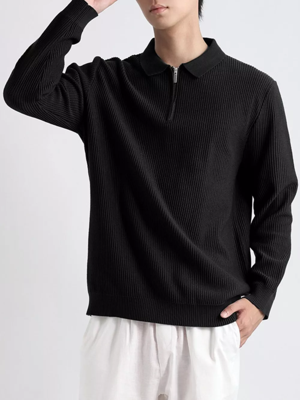 Men's Plus Size Quarter-Zip Ribbed Knit Top, image 3