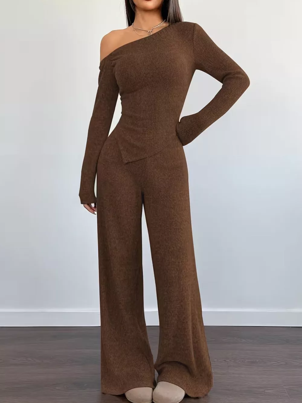 Chic One-Shoulder Asymmetrical Top and Wide-Leg Pants Set, image 13