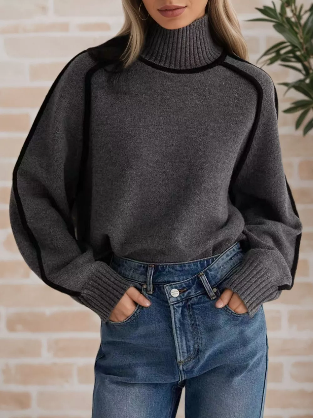 Contrast Trim Turtleneck Sweater, image 11