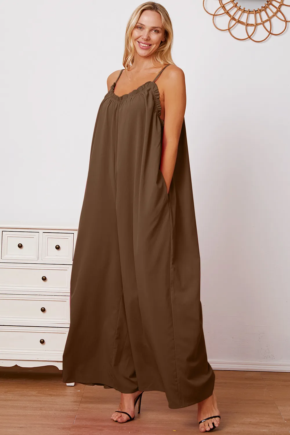 Full Size Ruffle Trim Tie Back Cami Jumpsuit with Pockets, image 14