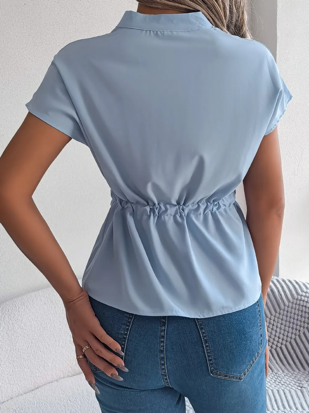 Notched Short Sleeve Blouse, image 8