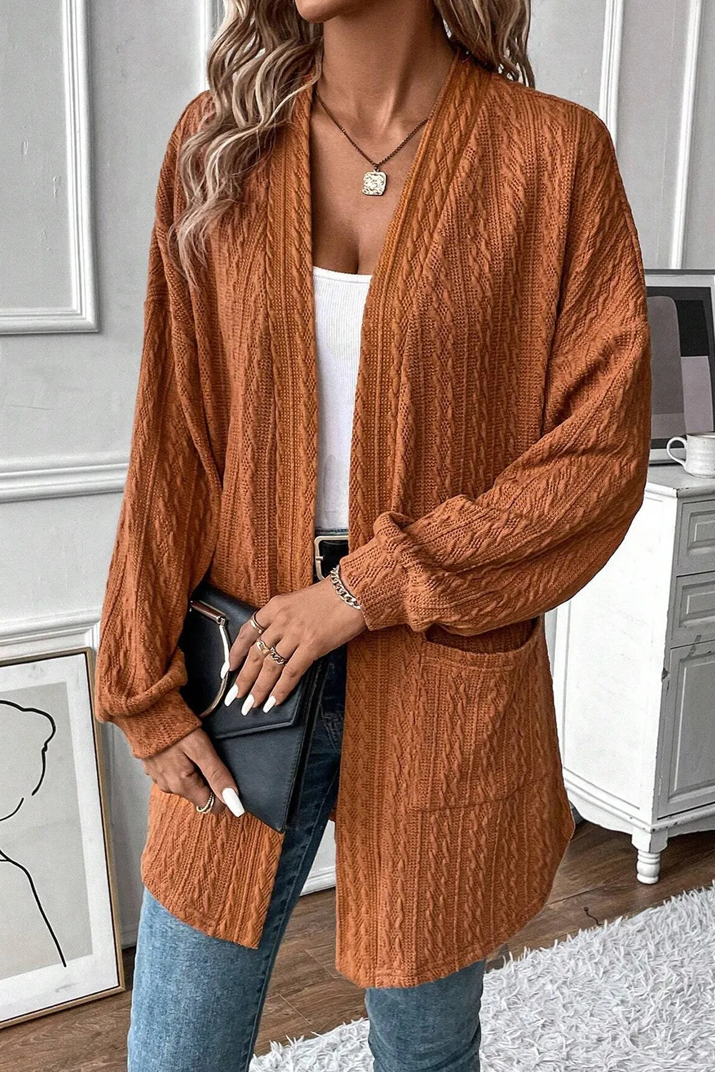 Textured Pocketed Open Front Long Sleeve Cover Up, image 6