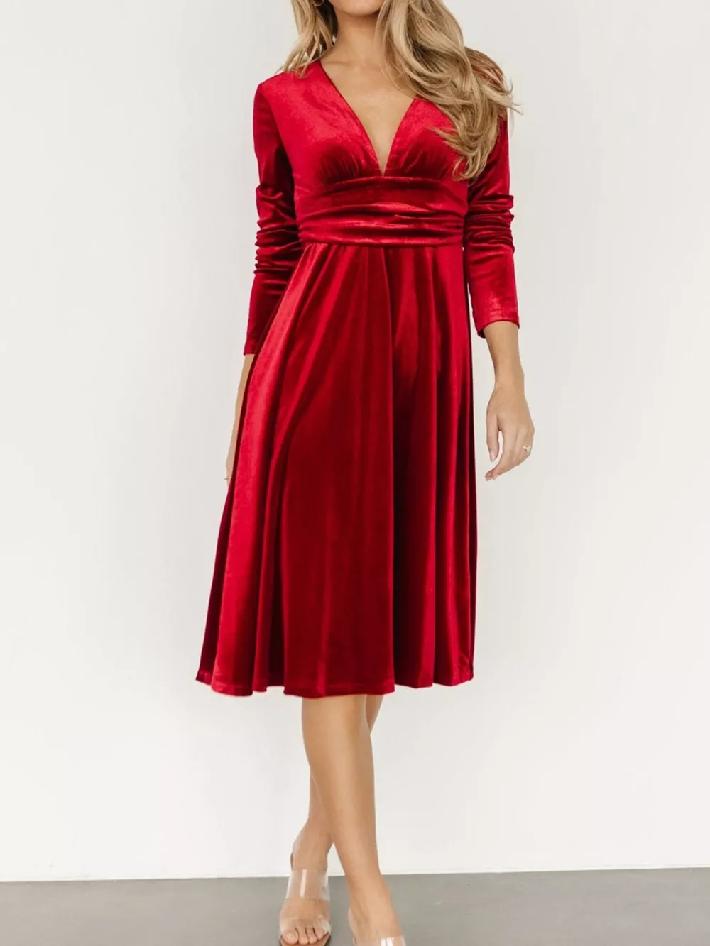 Velvet Deep V-Neck Long Sleeve Dress, image 6