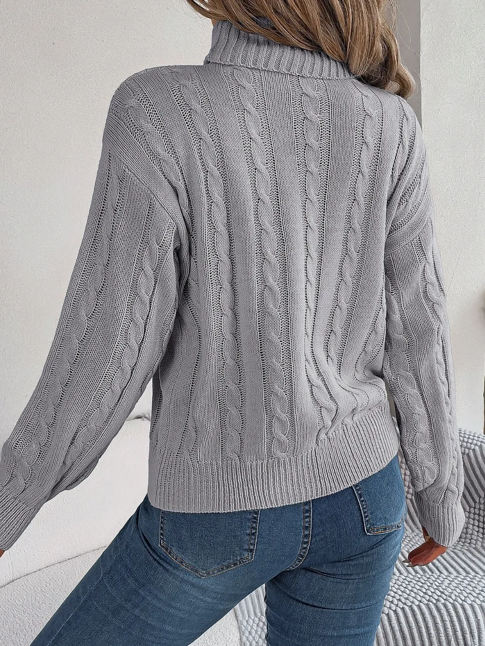 Cable-Knit Turtleneck Dropped Shoulder Sweater, image 8