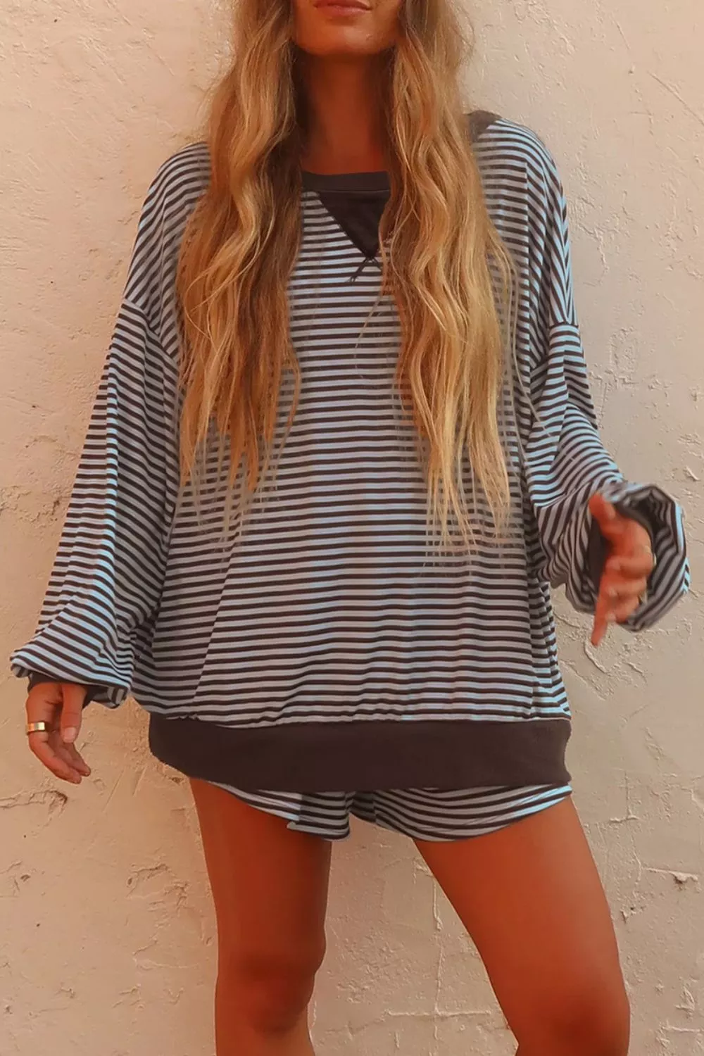 Stripe Oversized Long Sleeve Top Drawstring Loose Shorts 2pcs Set, image 3